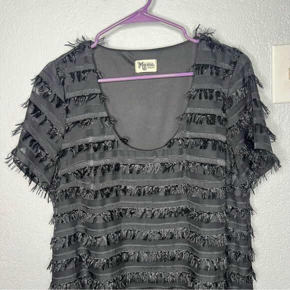 Show Me Your Mumu Demi Fuzzy Fringe Mini Short Sleeve Black Dress Sz M - Picture 4 of 10